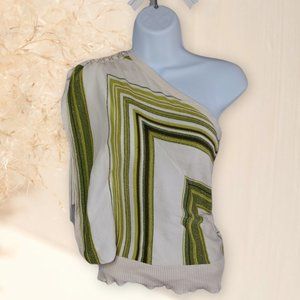 BEBE • XS silk sweater top off-shoulder multi-color striped green Sexy women's